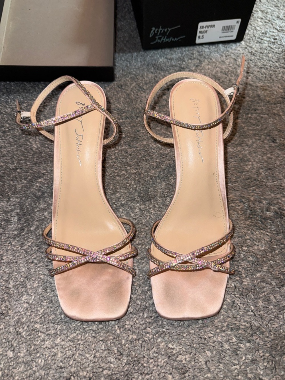 Betsey Johnson Blush Pink Satin Strappy Crystal Heels